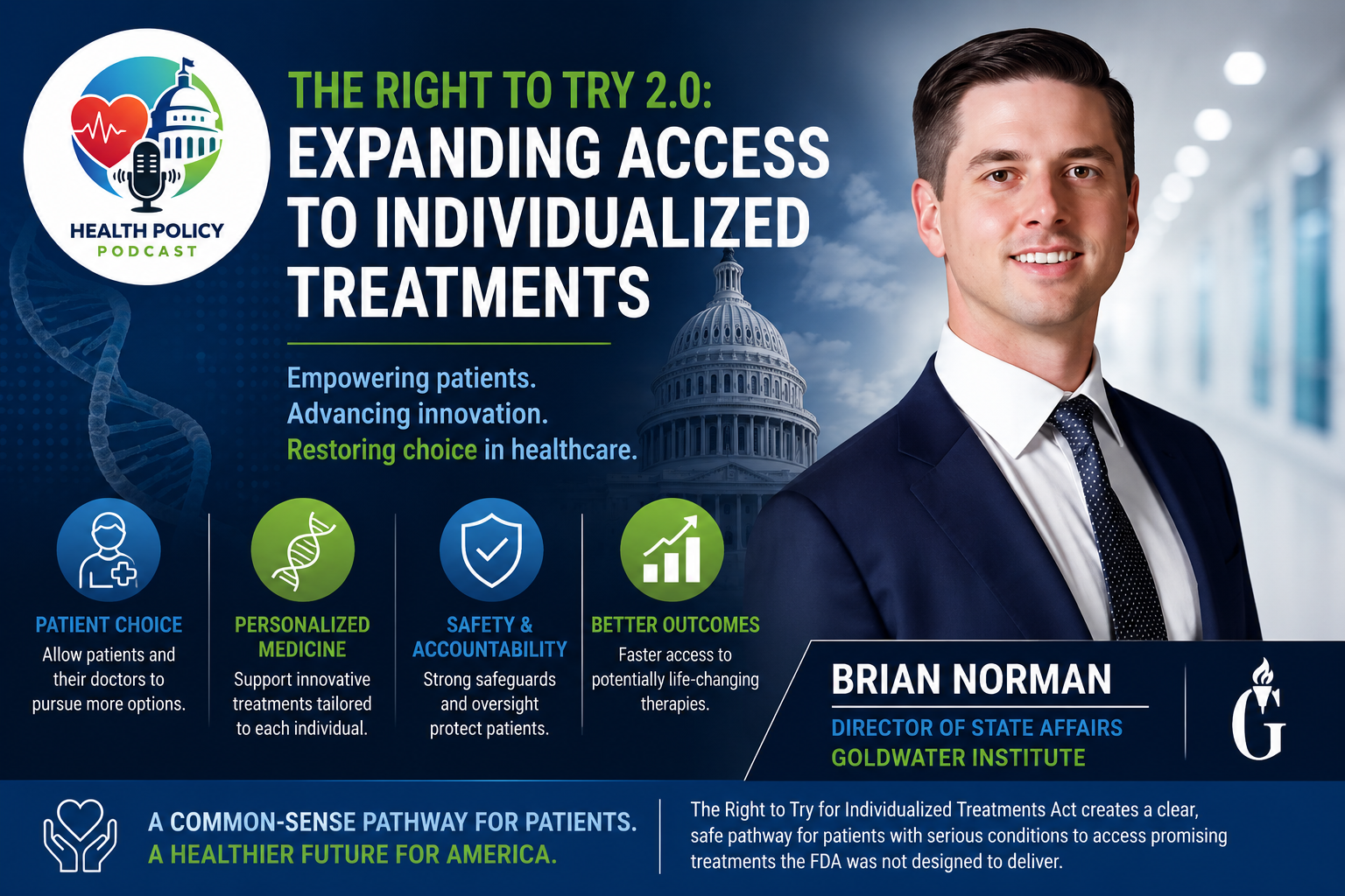 Health Policy Podcast episode featuring Brian Norman discussing The Goldwater Institute’s Brian Norman Discusses Right to Try 2.0 and Patient Access to Treatments