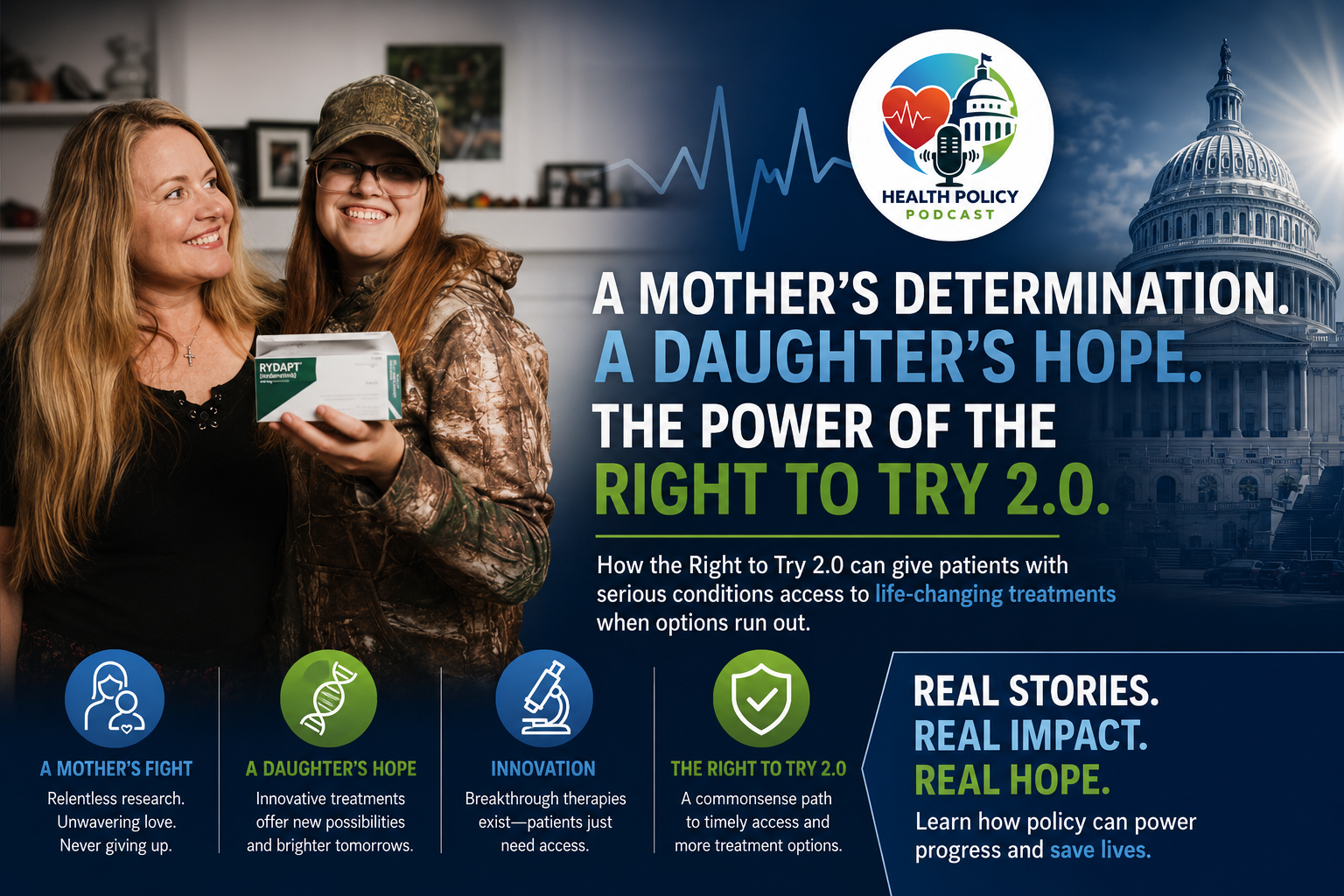 Health Policy Podcast episode featuring Jennifer and Maya Reinhardt discussing Jennifer and Maya Reinhardt Share Their Journey with Cystic Fibrosis and Right to Try 2.0